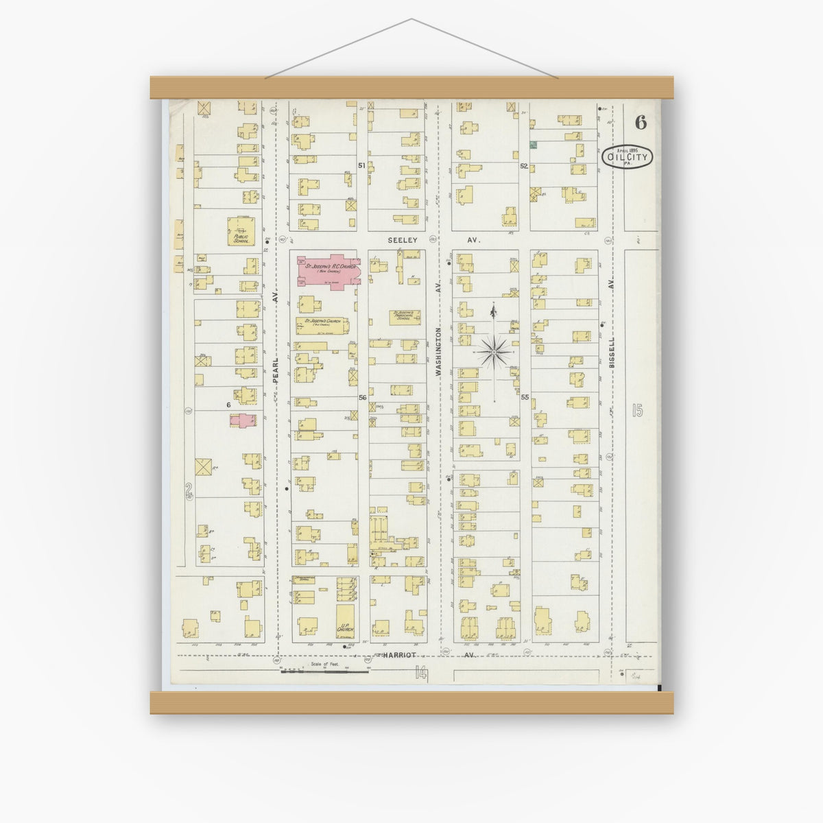Old map wall art mockup — magnetic wood frame on white wall — Sanborn Fire Insurance Map from Oil City, Venango County, Pennsylvania (1895), Sheet #0006