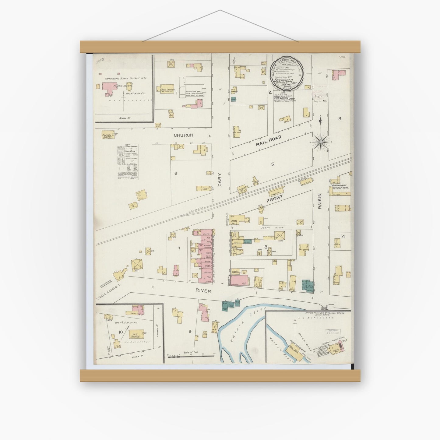 Old map wall art mockup — magnetic wood frame on white wall — Sanborn Fire Insurance Map from Deerfield, Lenawee County, Michigan (1893), Sheet #0001