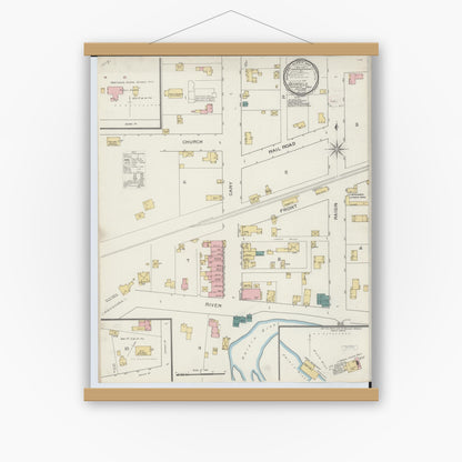 Old map wall art mockup — magnetic wood frame on white wall — Sanborn Fire Insurance Map from Deerfield, Lenawee County, Michigan (1893), Sheet #0001