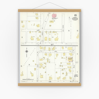 Old map wall art mockup — magnetic wood frame on white wall — Sanborn Fire Insurance Map from Denton, Denton County, Texas (1912), Sheet #0015