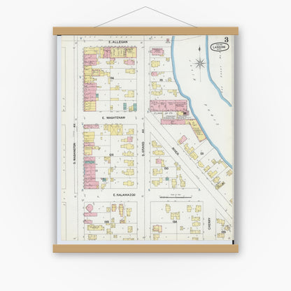 Old map wall art mockup — magnetic wood frame on white wall — Sanborn Fire Insurance Map from Lansing, Ingham County, Michigan (1892), Sheet #0003