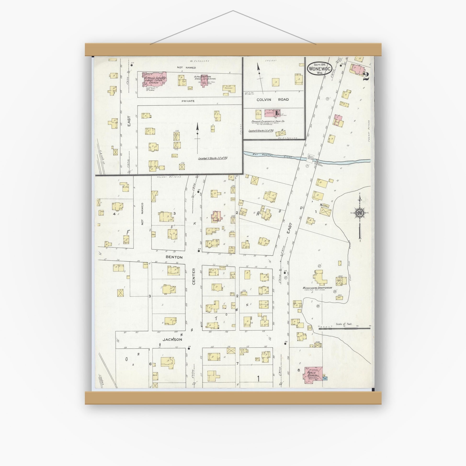 Old map wall art mockup — magnetic wood frame on white wall — Sanborn Fire Insurance Map from Wonewoc, Juneau County, Wisconsin (1914), Sheet #0002