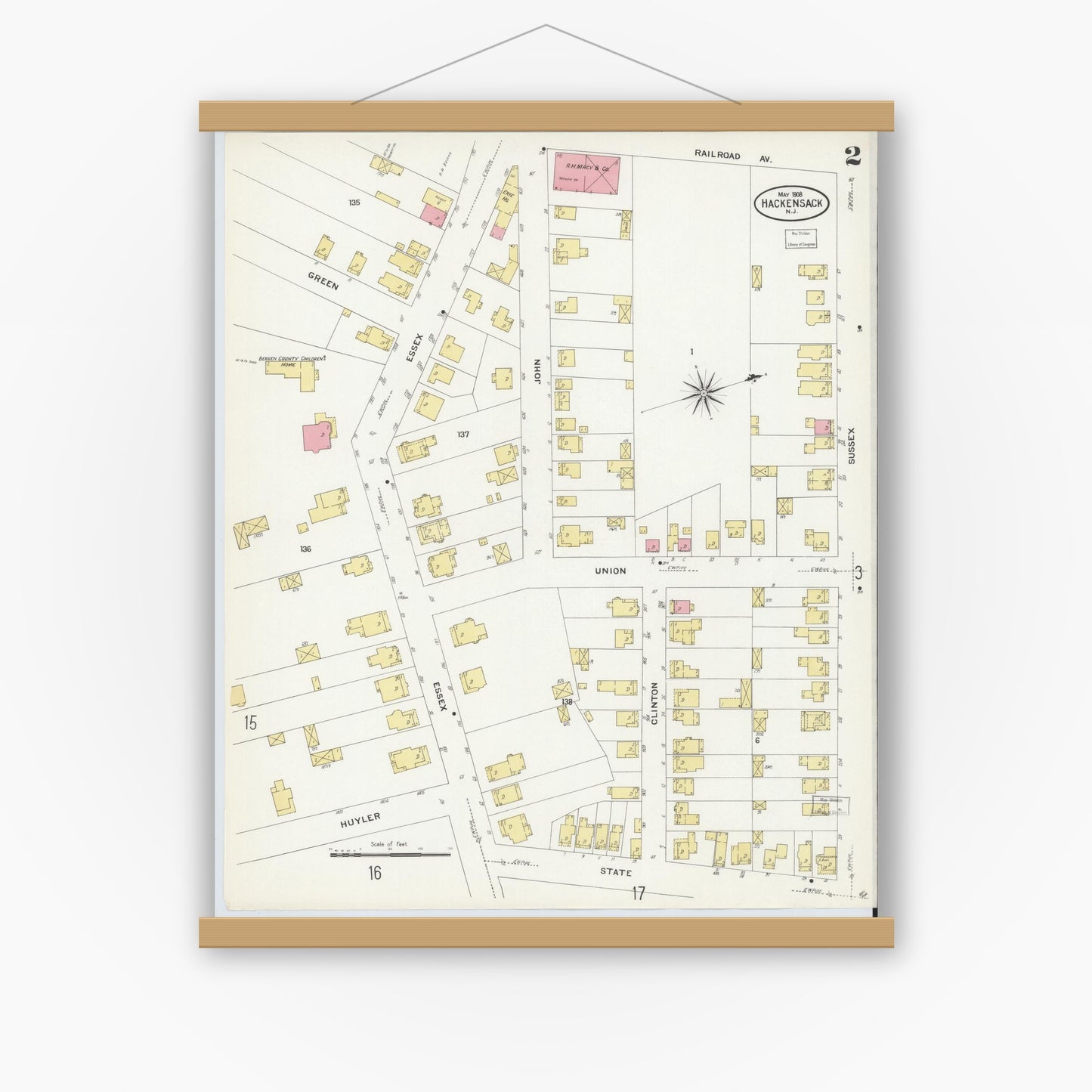 Old map wall art mockup — magnetic wood frame on white wall — Sanborn Fire Insurance Map from Hackensack, Bergen County, New Jersey (1908) - Complete Map Set