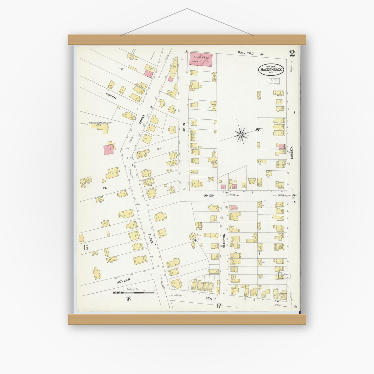 Old map wall art mockup — magnetic wood frame on white wall — Sanborn Fire Insurance Map from Hackensack, Bergen County, New Jersey (1908) - Complete Map Set