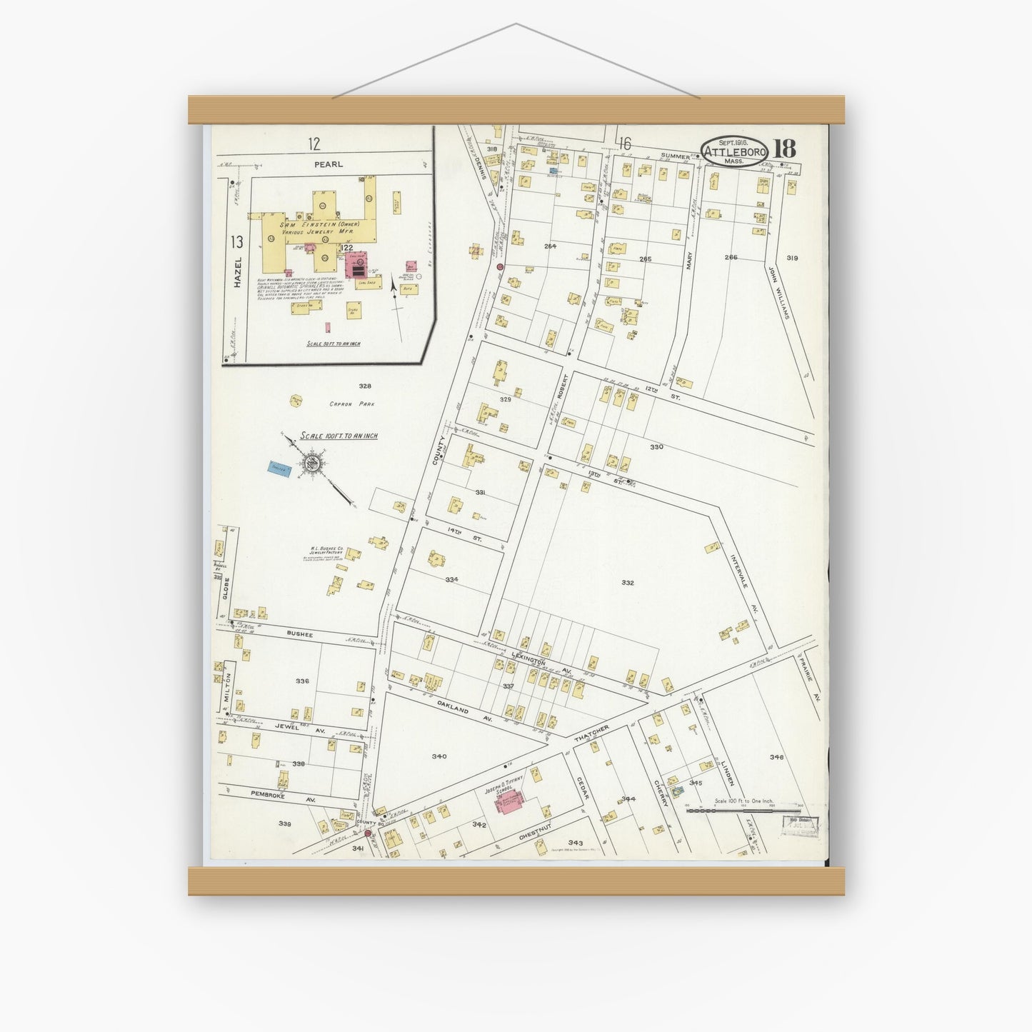 Old map wall art mockup — magnetic wood frame on white wall — Sanborn Fire Insurance Map from Attleboro, Bristol County, Massachusetts (1916), Sheet #0018