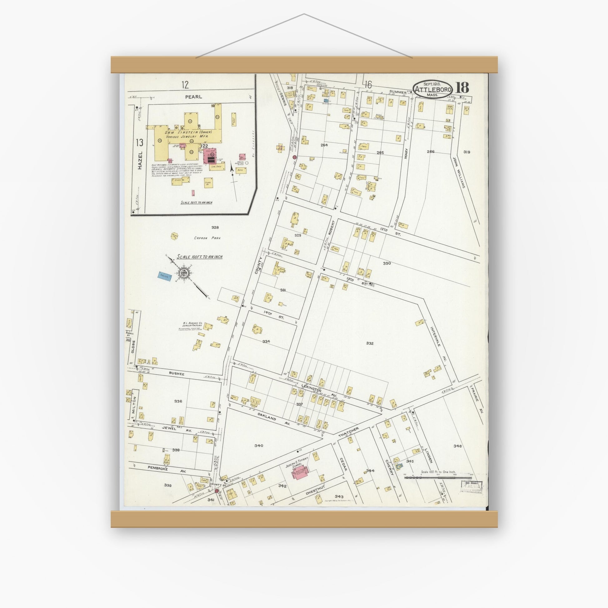 Old map wall art mockup — magnetic wood frame on white wall — Sanborn Fire Insurance Map from Attleboro, Bristol County, Massachusetts (1916), Sheet #0018