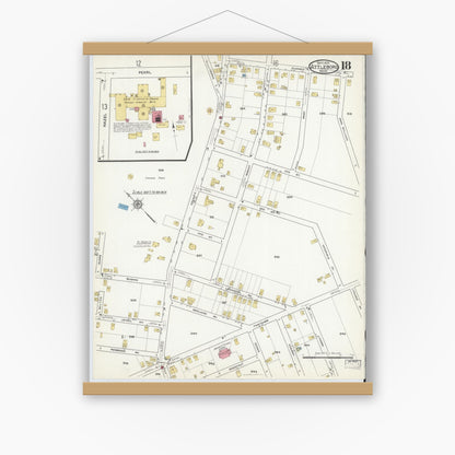 Old map wall art mockup — magnetic wood frame on white wall — Sanborn Fire Insurance Map from Attleboro, Bristol County, Massachusetts (1916), Sheet #0018