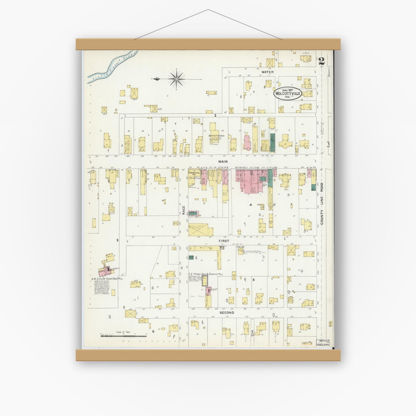 Old map wall art mockup — magnetic wood frame on white wall — Sanborn Fire Insurance Map from Wolcottville, Noble And LaGrange Counties, Indiana (1907), Sheet #0002