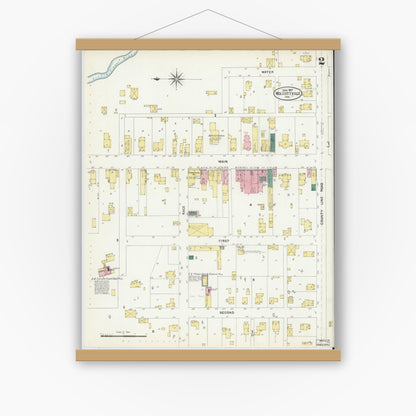 Old map wall art mockup — magnetic wood frame on white wall — Sanborn Fire Insurance Map from Wolcottville, Noble And LaGrange Counties, Indiana (1907), Sheet #0002