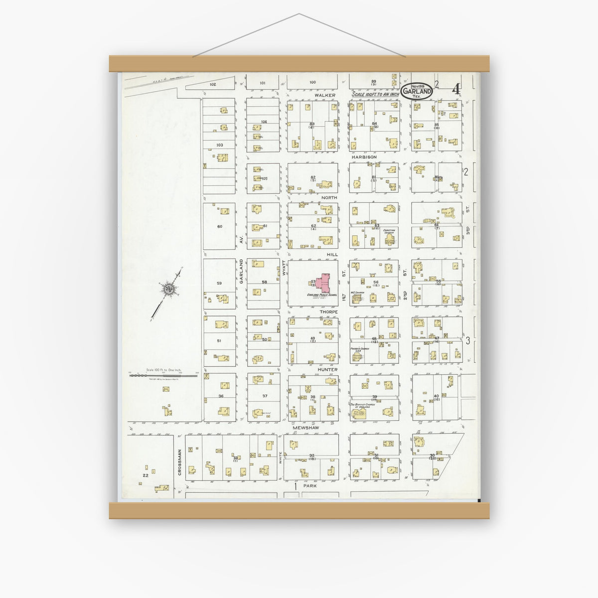 Old map wall art mockup — magnetic wood frame on white wall — Sanborn Fire Insurance Map from Garland, Dallas County, Texas (1919), Sheet #0004