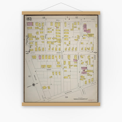 Old map wall art mockup — magnetic wood frame on white wall — Sanborn Fire Insurance Map from Worcester, Worcester County, Massachusetts (1910), Sheet #0153