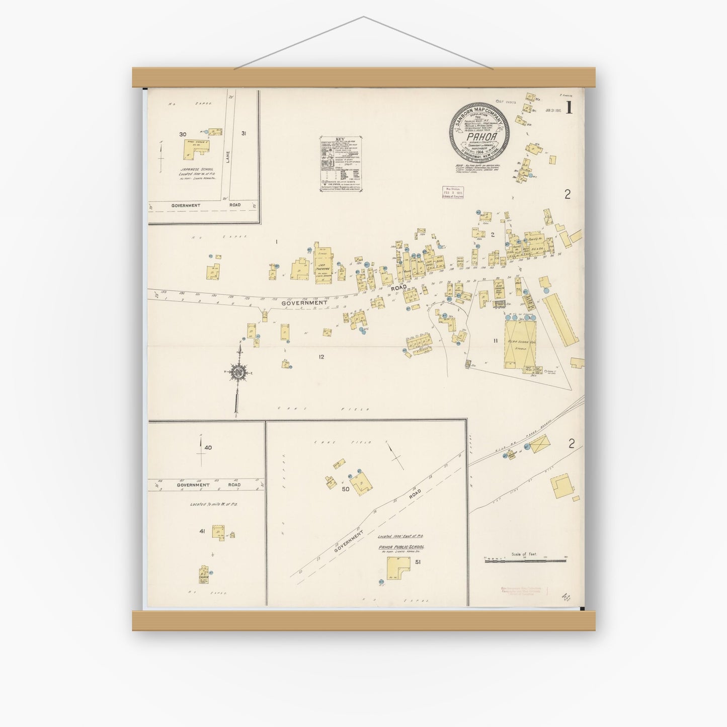 Old map wall art mockup — magnetic wood frame on white wall — Sanborn Fire Insurance Map from Pahoa, Hawaii County, Hawaii (1914) - Complete Map Set