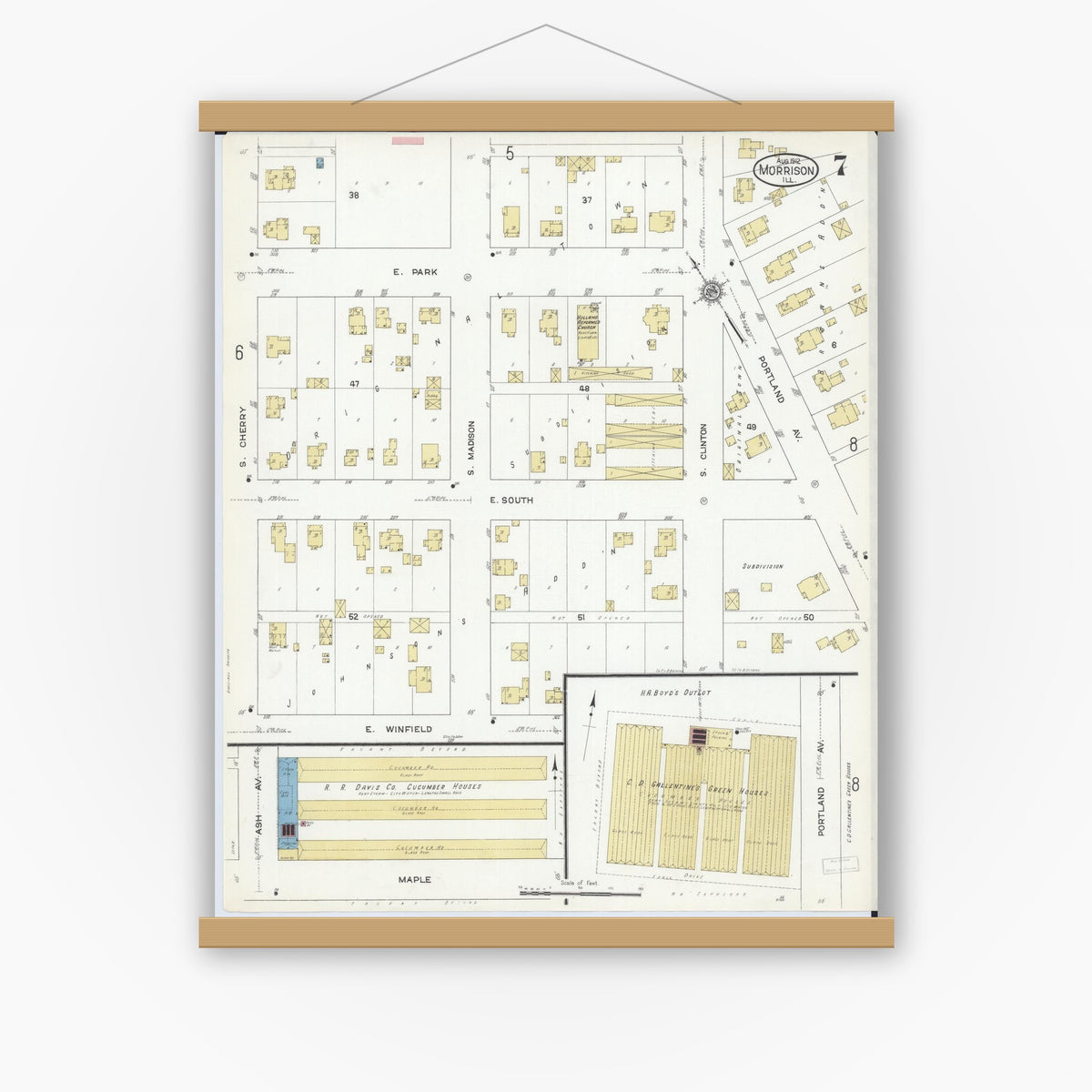 Old map wall art mockup — magnetic wood frame on white wall — Sanborn Fire Insurance Map from Morrison, Whiteside County, Illinois (1912), Sheet #0007