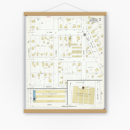 Old map wall art mockup — magnetic wood frame on white wall — Sanborn Fire Insurance Map from Morrison, Whiteside County, Illinois (1912), Sheet #0007