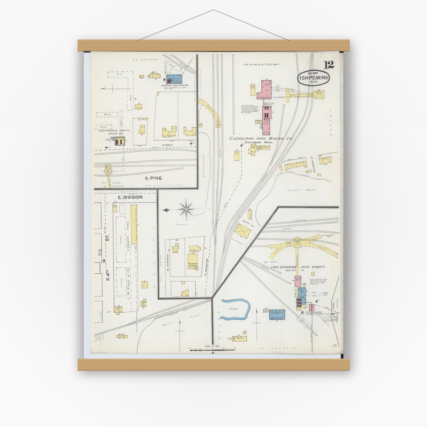 Old map wall art mockup — magnetic wood frame on white wall — Sanborn Fire Insurance Map from Ishpeming, Marquette County, Michigan (1892), Sheet #0012