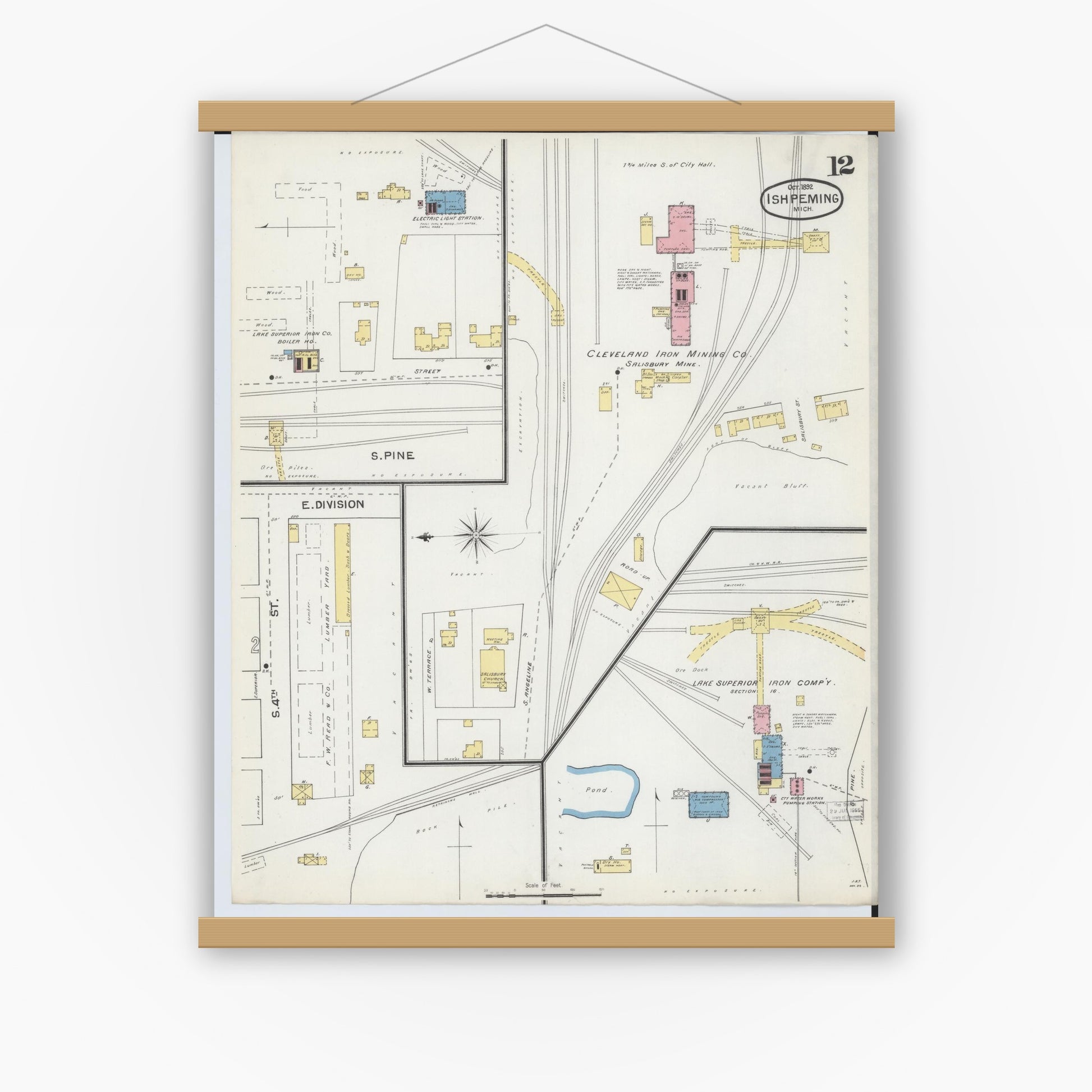 Old map wall art mockup — magnetic wood frame on white wall — Sanborn Fire Insurance Map from Ishpeming, Marquette County, Michigan (1892), Sheet #0012
