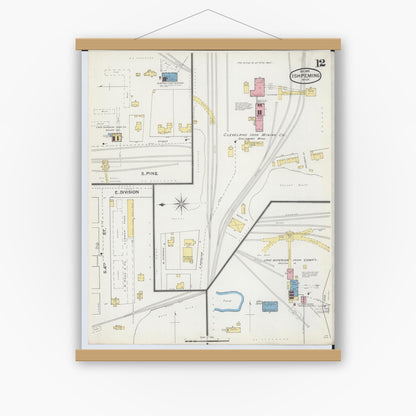 Old map wall art mockup — magnetic wood frame on white wall — Sanborn Fire Insurance Map from Ishpeming, Marquette County, Michigan (1892), Sheet #0012
