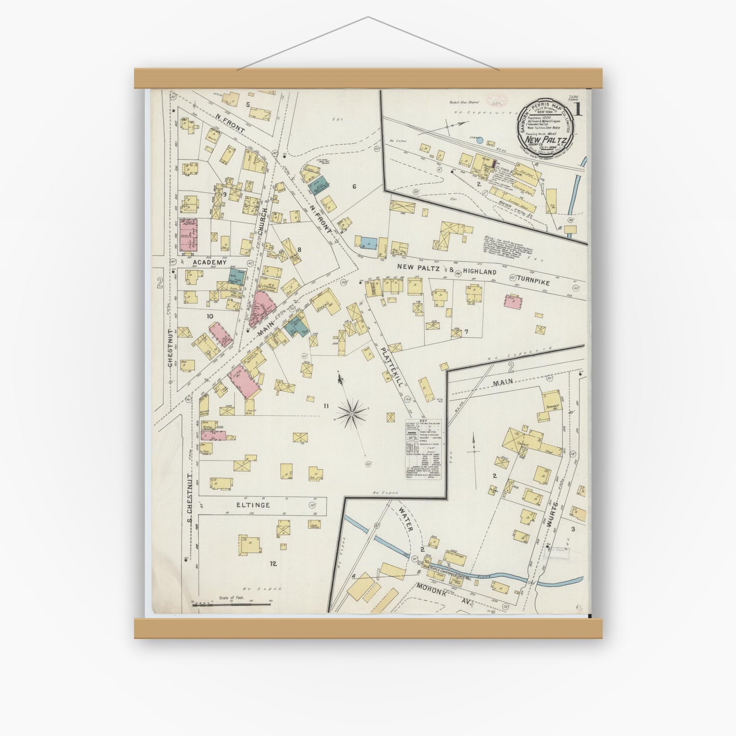 Old map wall art mockup — magnetic wood frame on white wall — Sanborn Fire Insurance Map from New Paltz, Ulster County, New York (1894), Sheet #0001
