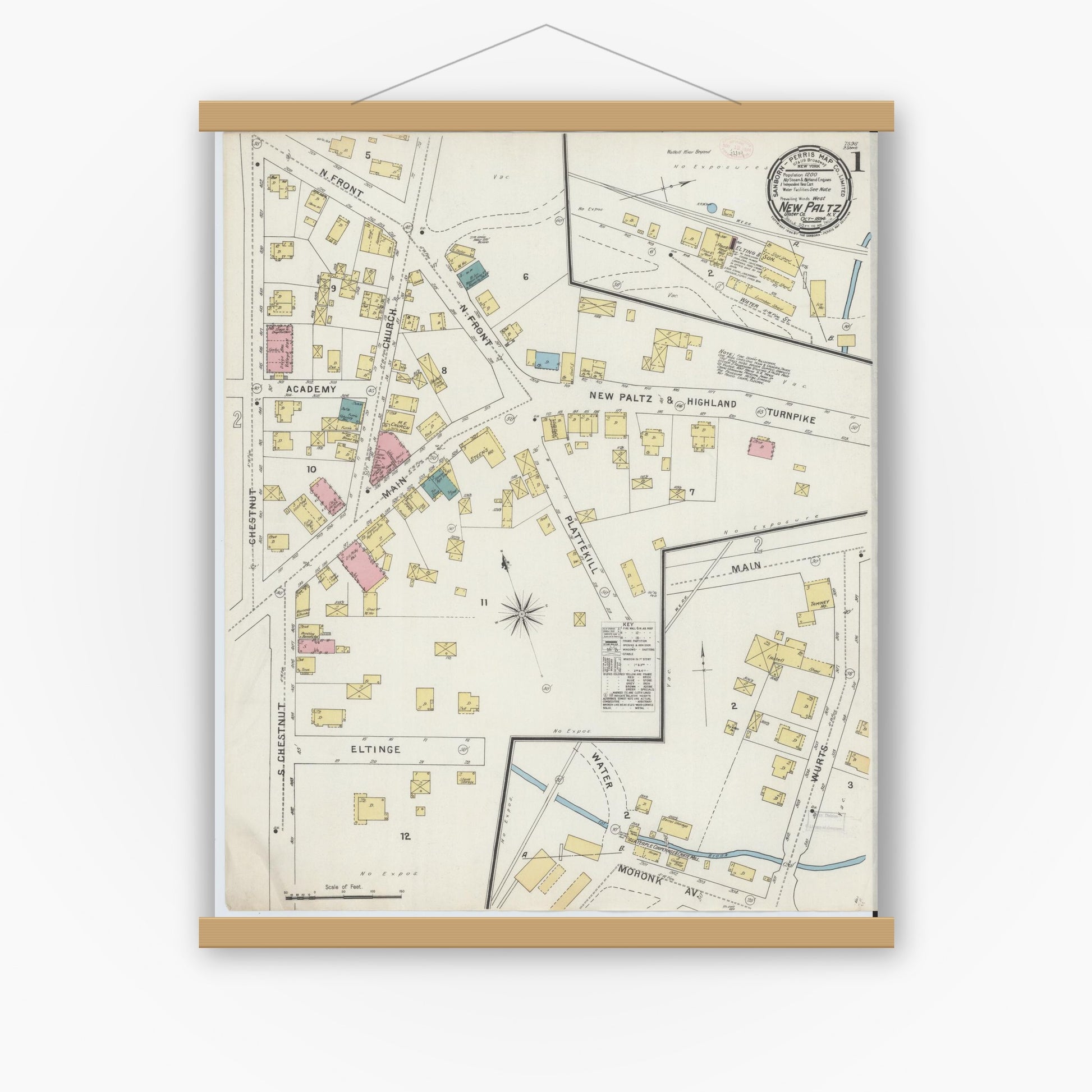 Old map wall art mockup — magnetic wood frame on white wall — Sanborn Fire Insurance Map from New Paltz, Ulster County, New York (1894), Sheet #0001