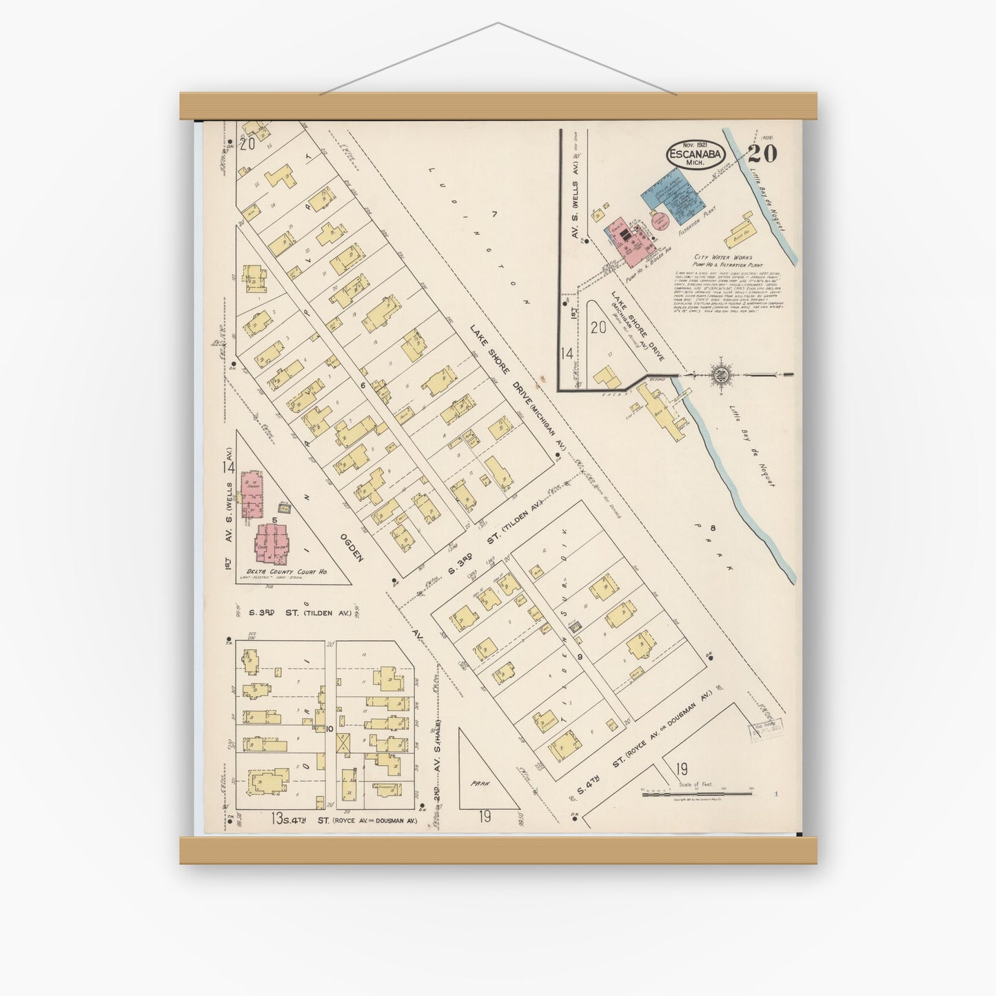 Old map wall art mockup — magnetic wood frame on white wall — Sanborn Fire Insurance Map from Escanaba, Delta County, Michigan (1921), Sheet #0020