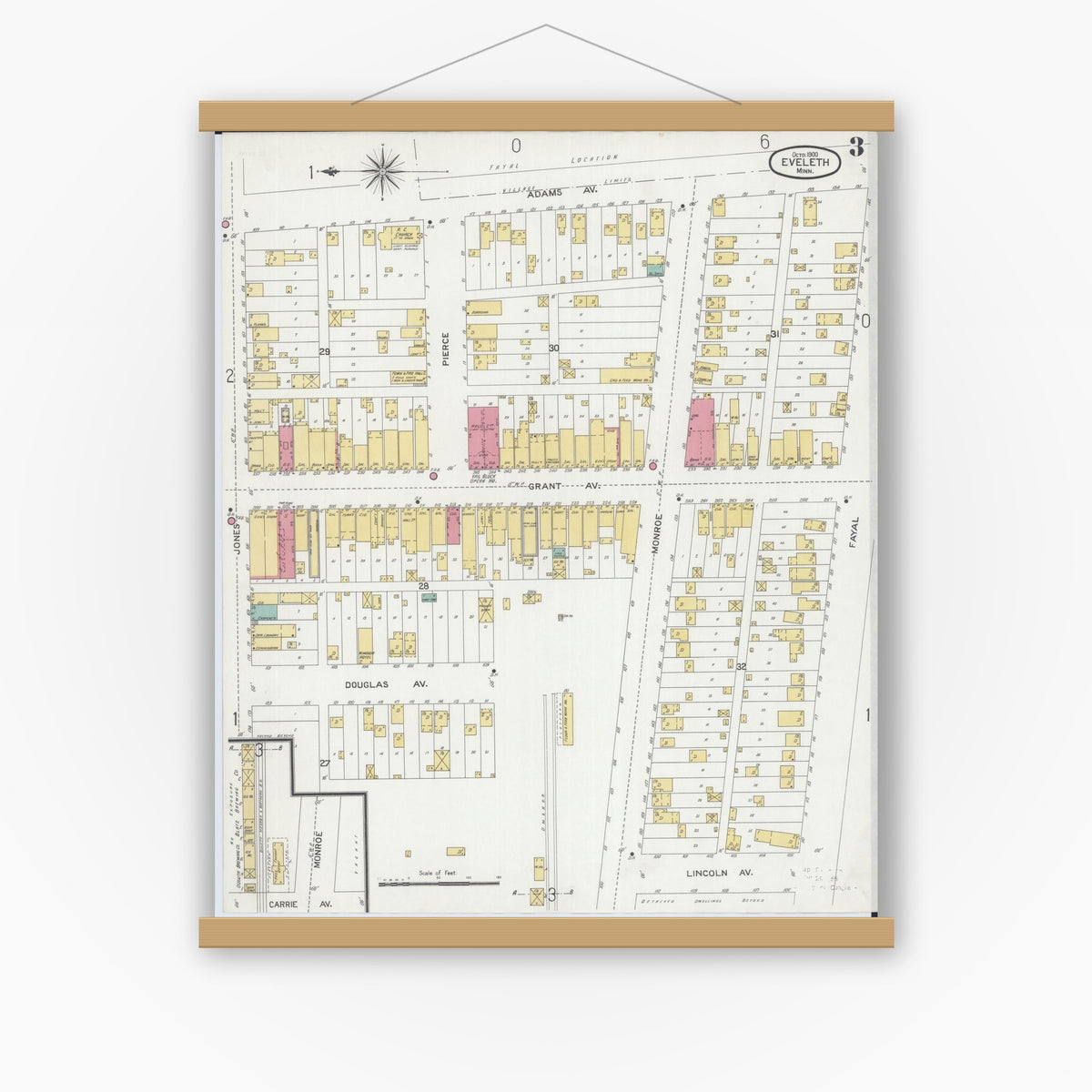 Old map wall art mockup — magnetic wood frame on white wall — Sanborn Fire Insurance Map from Eveleth, Saint Louis County, Minnesota (1900), Sheet #0003