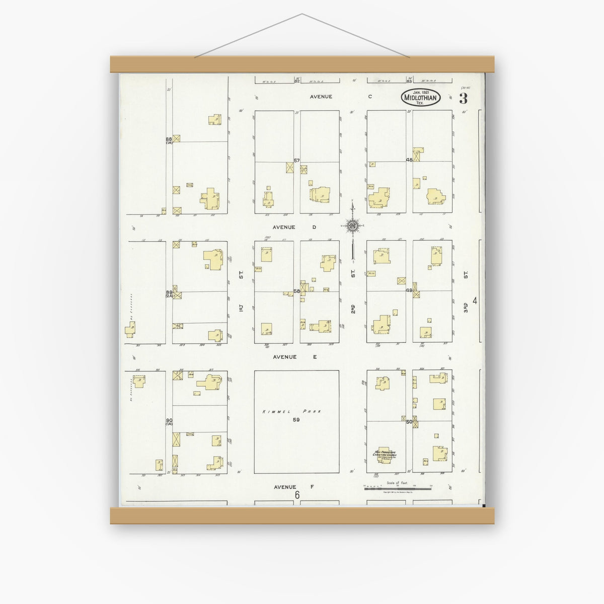 Old map wall art mockup — magnetic wood frame on white wall — Sanborn Fire Insurance Map from Midlothian, Ellis County, Texas (1921), Sheet #0003