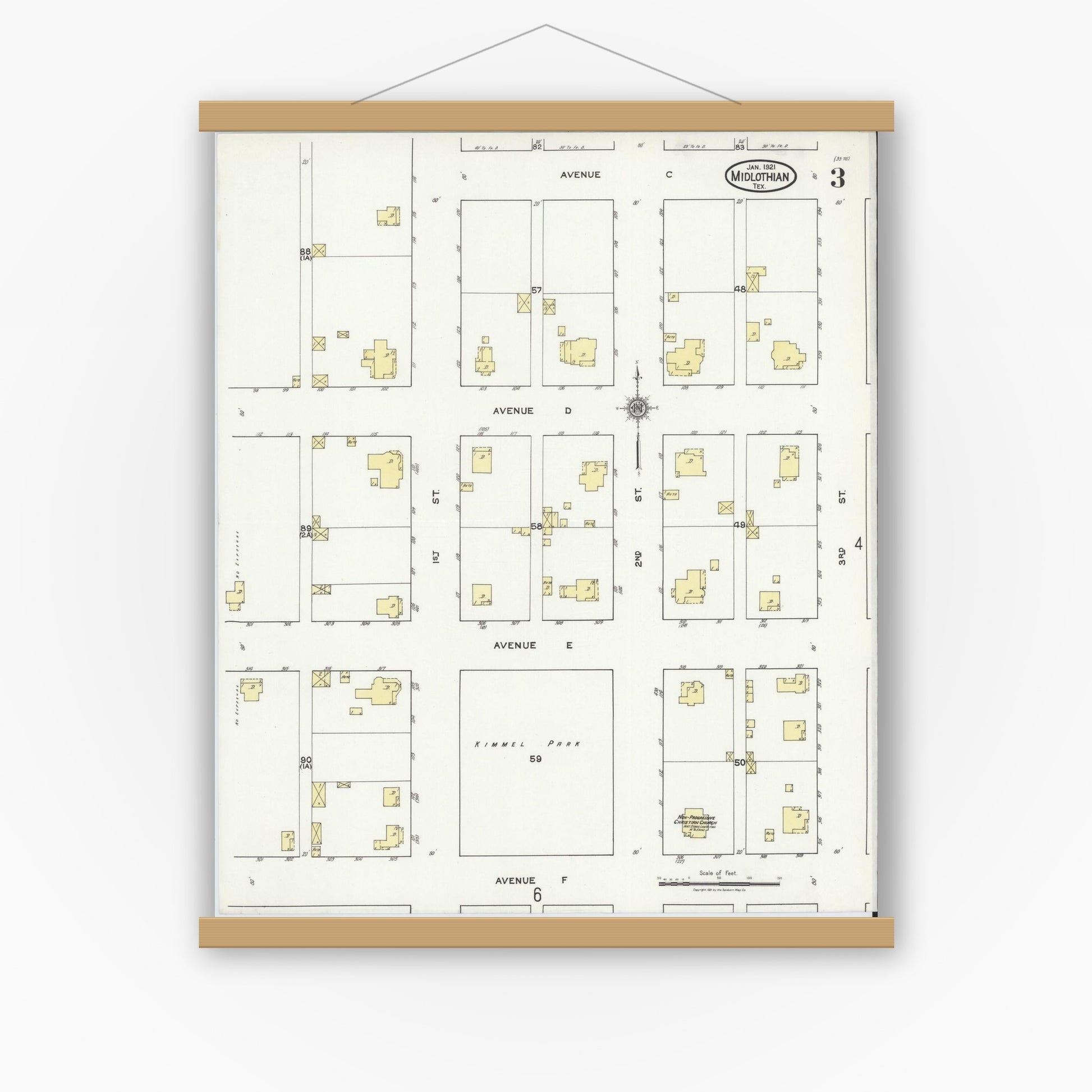 Old map wall art mockup — magnetic wood frame on white wall — Sanborn Fire Insurance Map from Midlothian, Ellis County, Texas (1921), Sheet #0003