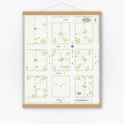 Old map wall art mockup — magnetic wood frame on white wall — Sanborn Fire Insurance Map from Midlothian, Ellis County, Texas (1921), Sheet #0003