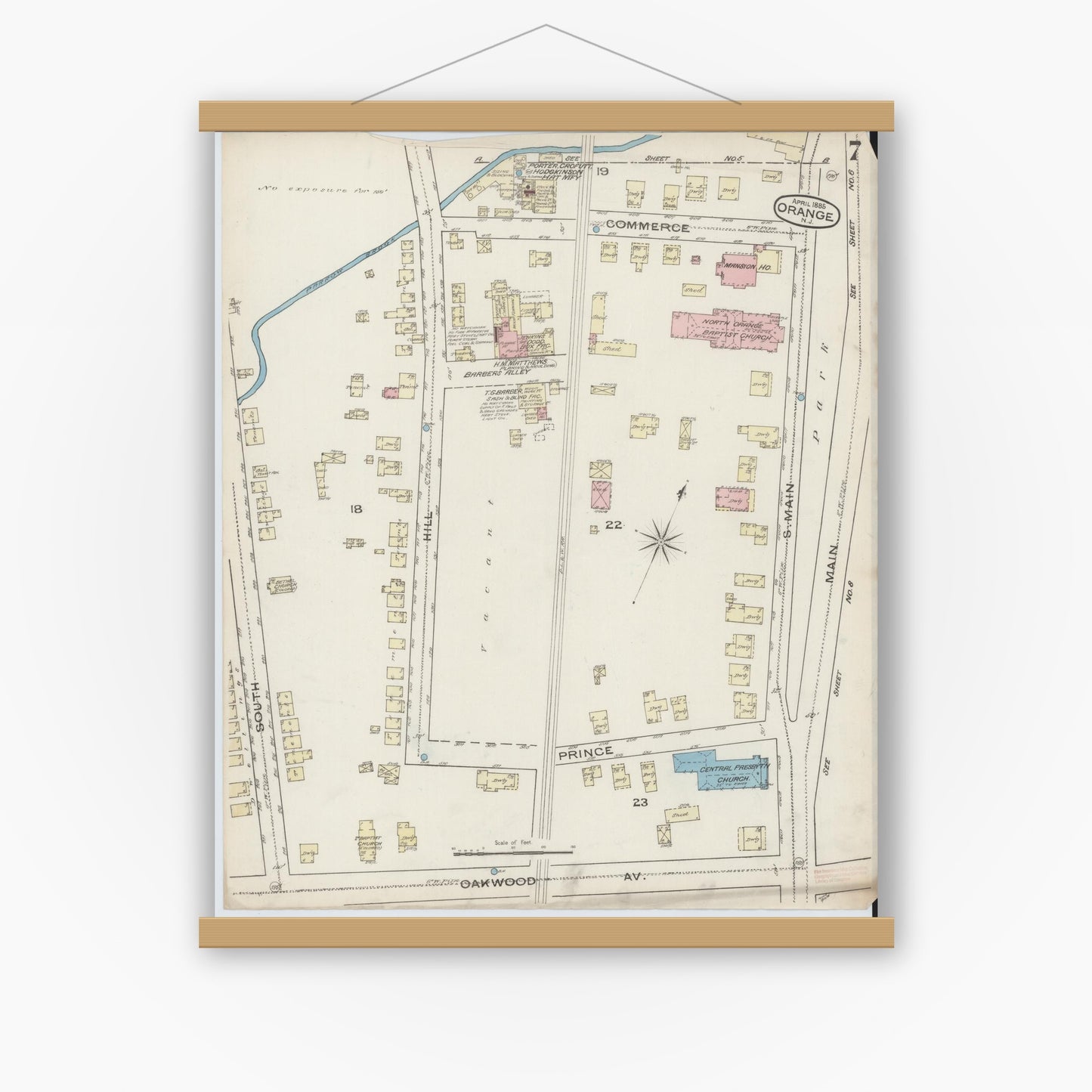 Old map wall art mockup — magnetic wood frame on white wall — Sanborn Fire Insurance Map from Orange, Essex County, New Jersey (1885), Sheet #0007