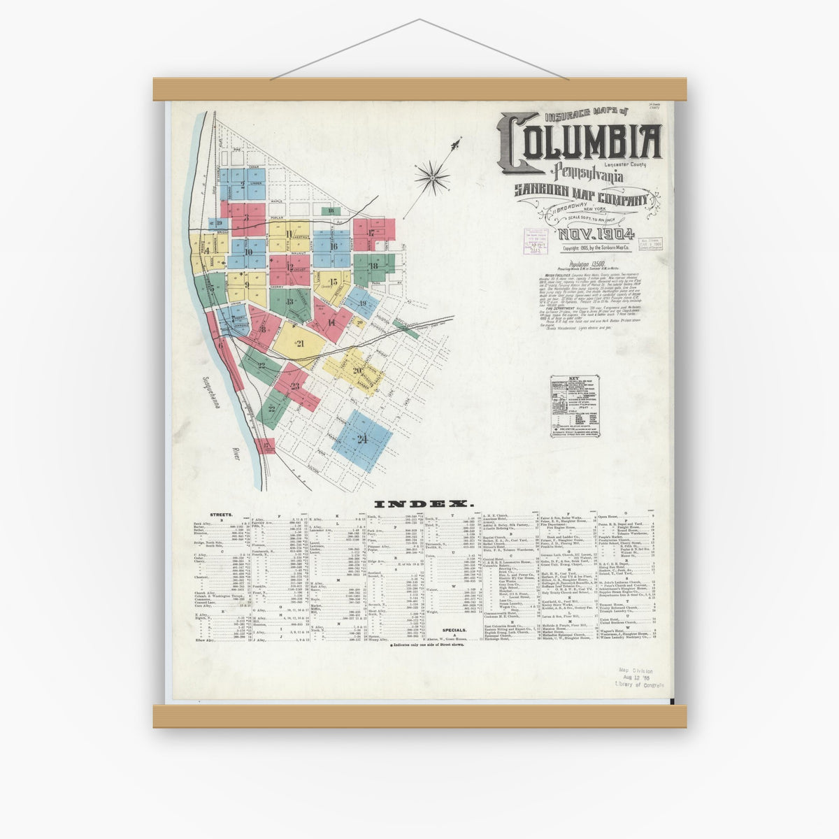 Old map wall art mockup — magnetic wood frame on white wall — Sanborn Fire Insurance Map from Columbia, Lancaster County, Pennsylvania (1904), Sheet #0001