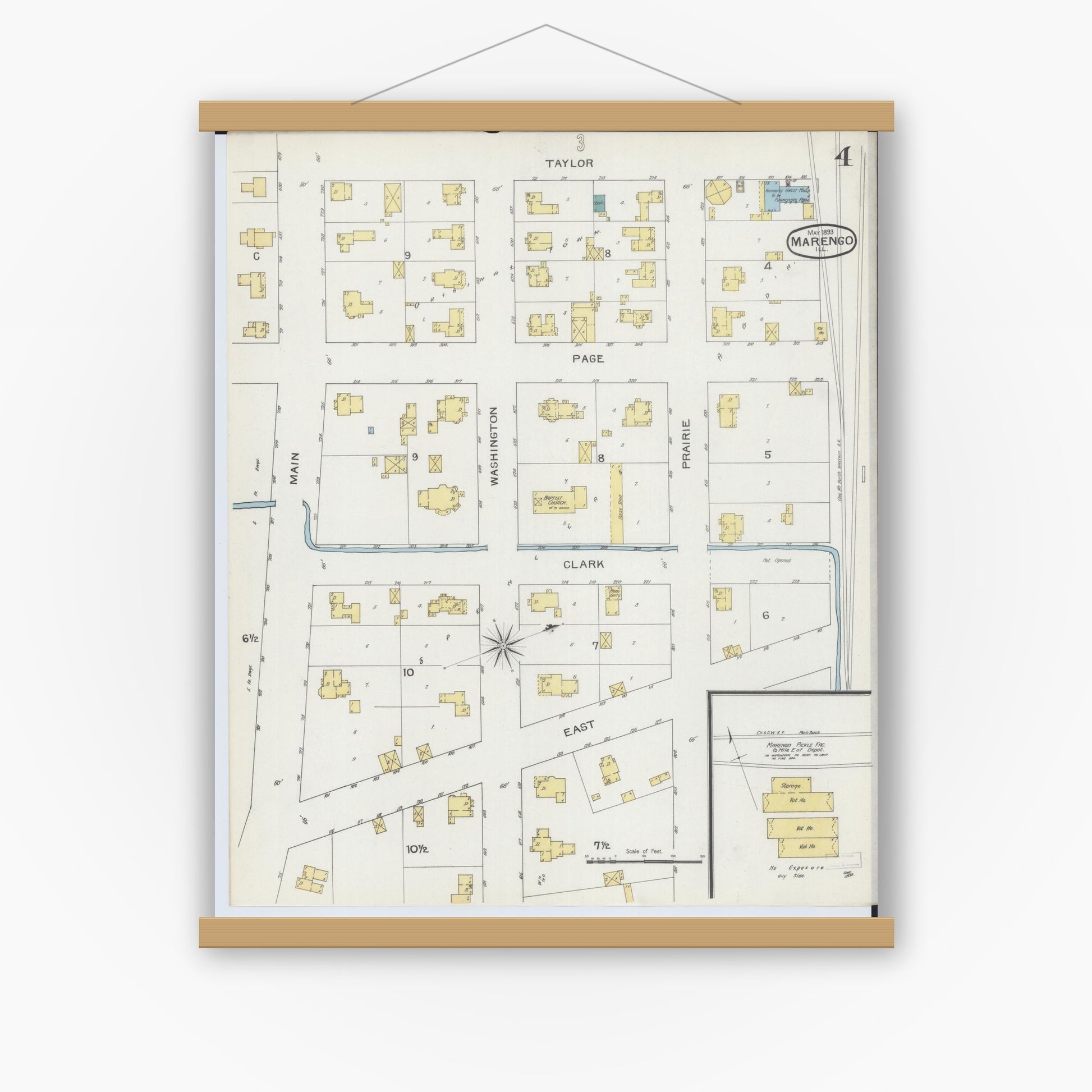 Old map wall art mockup — magnetic wood frame on white wall — Sanborn Fire Insurance Map from Marengo, McHenry County, Illinois (1893), Sheet #0004