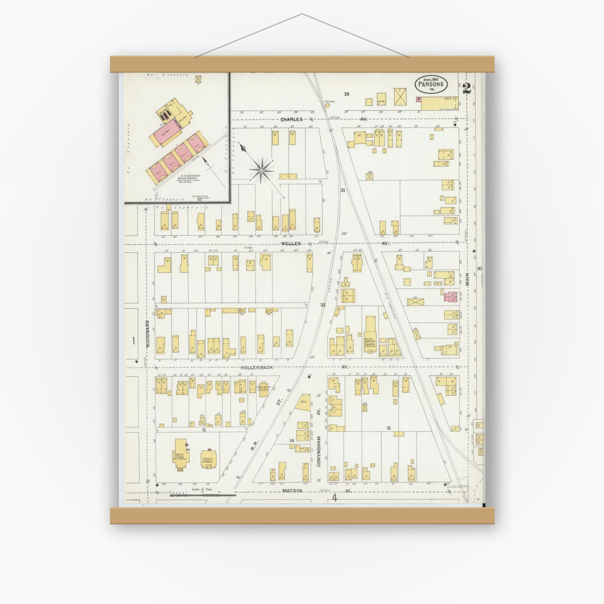 Old map wall art mockup — magnetic wood frame on white wall — Sanborn Fire Insurance Map from Parsons, Luzerne County, Pennsylvania (1903), Sheet #0002