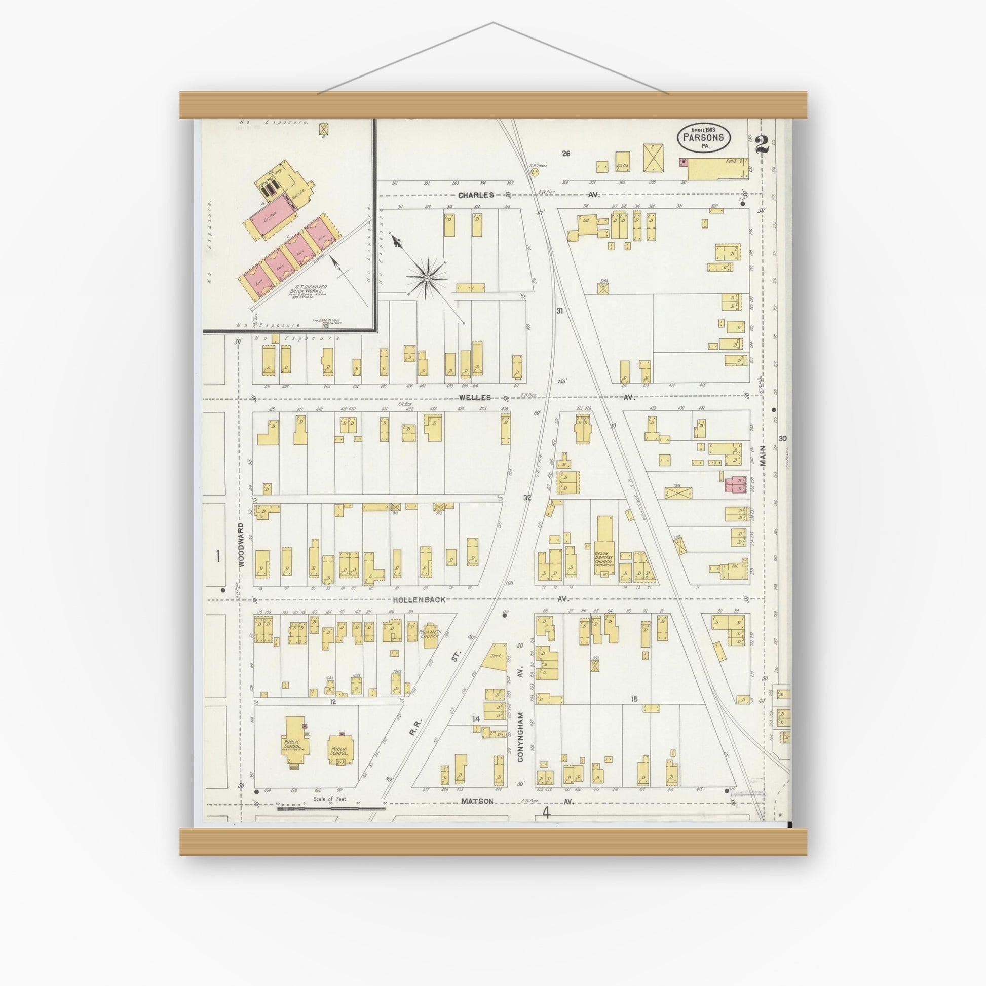 Old map wall art mockup — magnetic wood frame on white wall — Sanborn Fire Insurance Map from Parsons, Luzerne County, Pennsylvania (1903), Sheet #0002