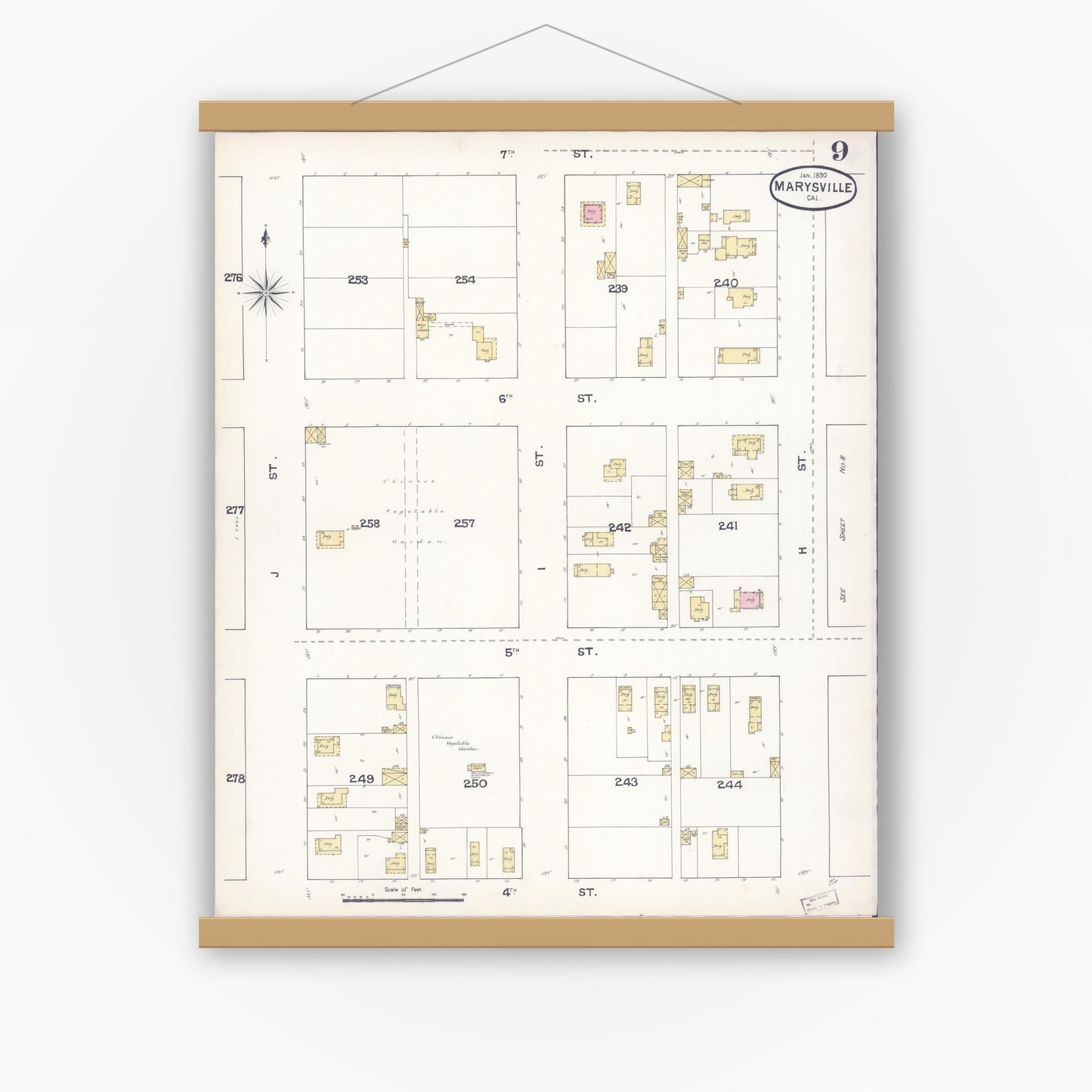 Old map wall art mockup — magnetic wood frame on white wall — Sanborn Fire Insurance Map from Marysville, Yuba County, California (1890), Sheet #0009