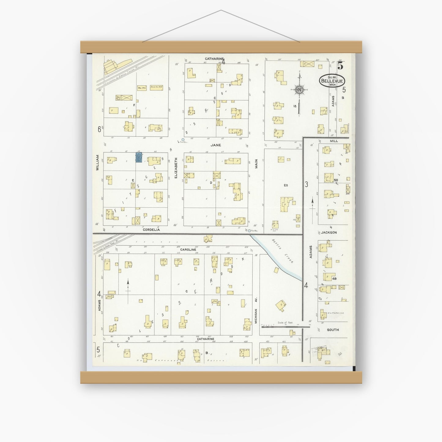 Old map wall art mockup — magnetic wood frame on white wall — Sanborn Fire Insurance Map from Bellevue, Eaton County, Michigan (1911), Sheet #0005