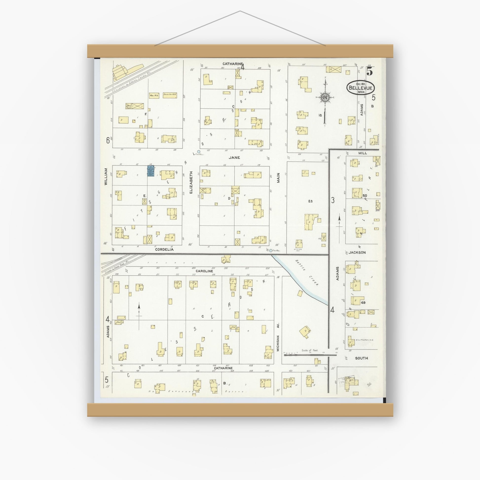 Old map wall art mockup — magnetic wood frame on white wall — Sanborn Fire Insurance Map from Bellevue, Eaton County, Michigan (1911), Sheet #0005