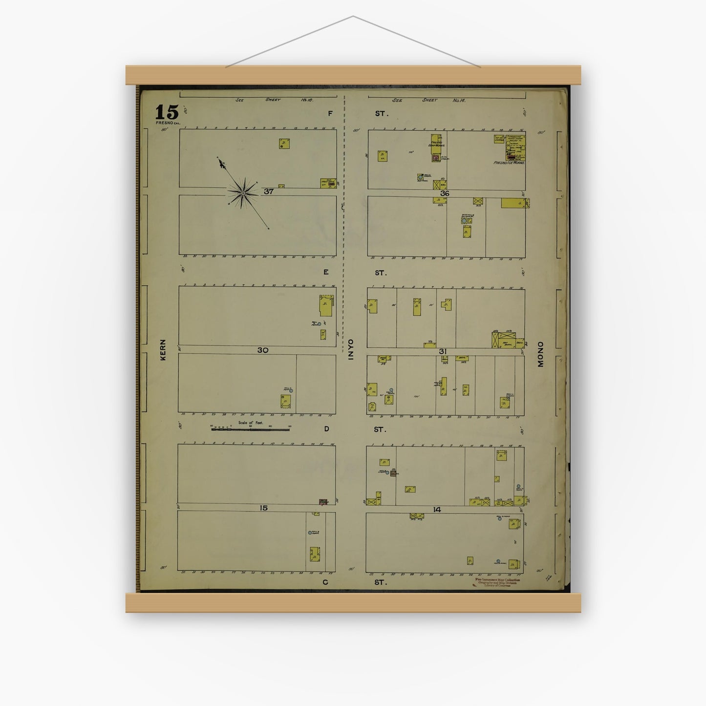Old map wall art mockup — magnetic wood frame on white wall — Sanborn Fire Insurance Map from Fresno, Fresno County, California (1888), Sheet #0015