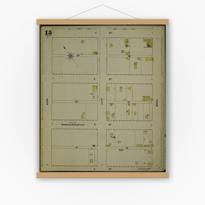 Old map wall art mockup — magnetic wood frame on white wall — Sanborn Fire Insurance Map from Fresno, Fresno County, California (1888), Sheet #0015