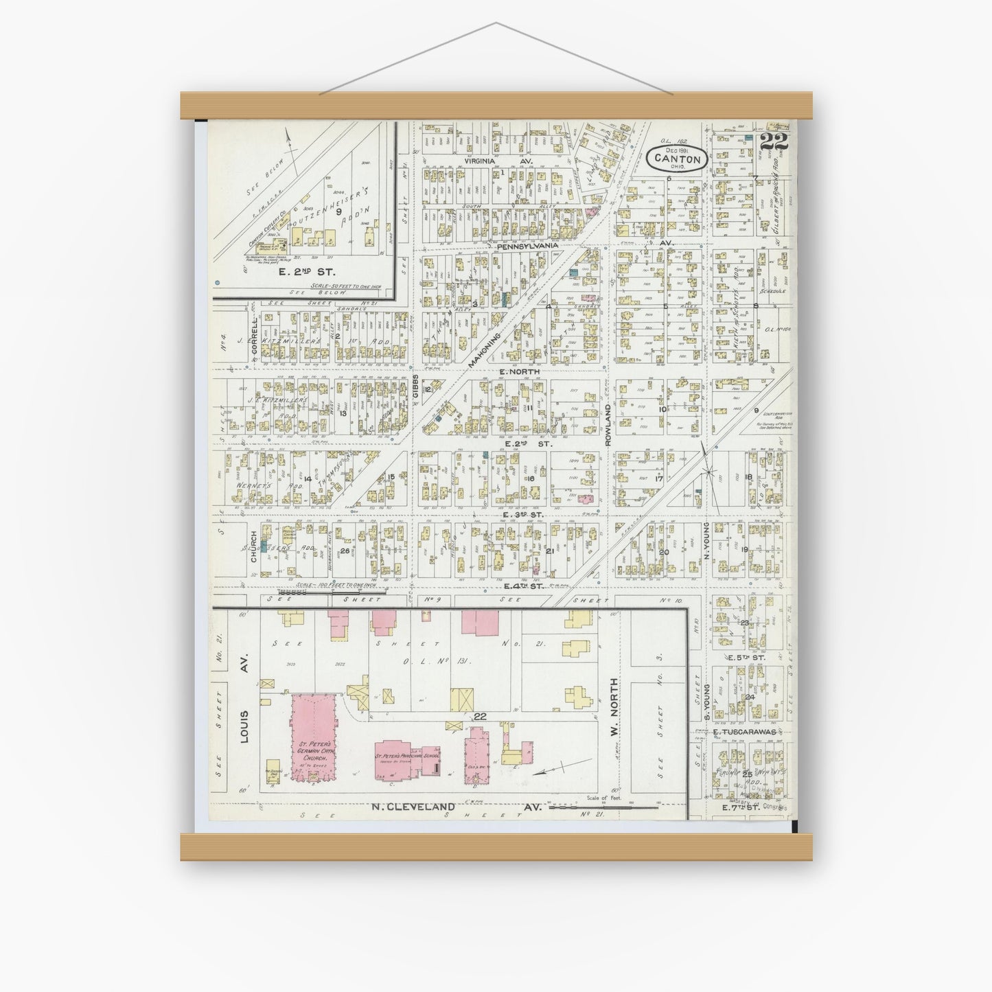 Old map wall art mockup — magnetic wood frame on white wall — Sanborn Fire Insurance Map from Canton, Stark County, Ohio (1891), Sheet #0022