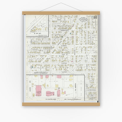 Old map wall art mockup — magnetic wood frame on white wall — Sanborn Fire Insurance Map from Canton, Stark County, Ohio (1891), Sheet #0022