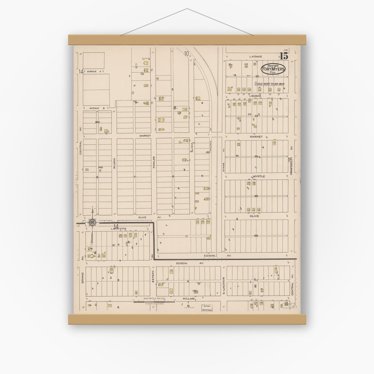 Old map wall art mockup — magnetic wood frame on white wall — Sanborn Fire Insurance Map from Fort Myers, Lee County, Florida (1922), Sheet #0015