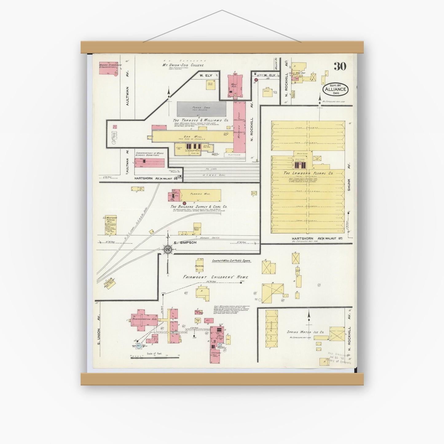 Old map wall art mockup — magnetic wood frame on white wall — Sanborn Fire Insurance Map from Alliance, Stark County, Ohio (1911), Sheet #0030