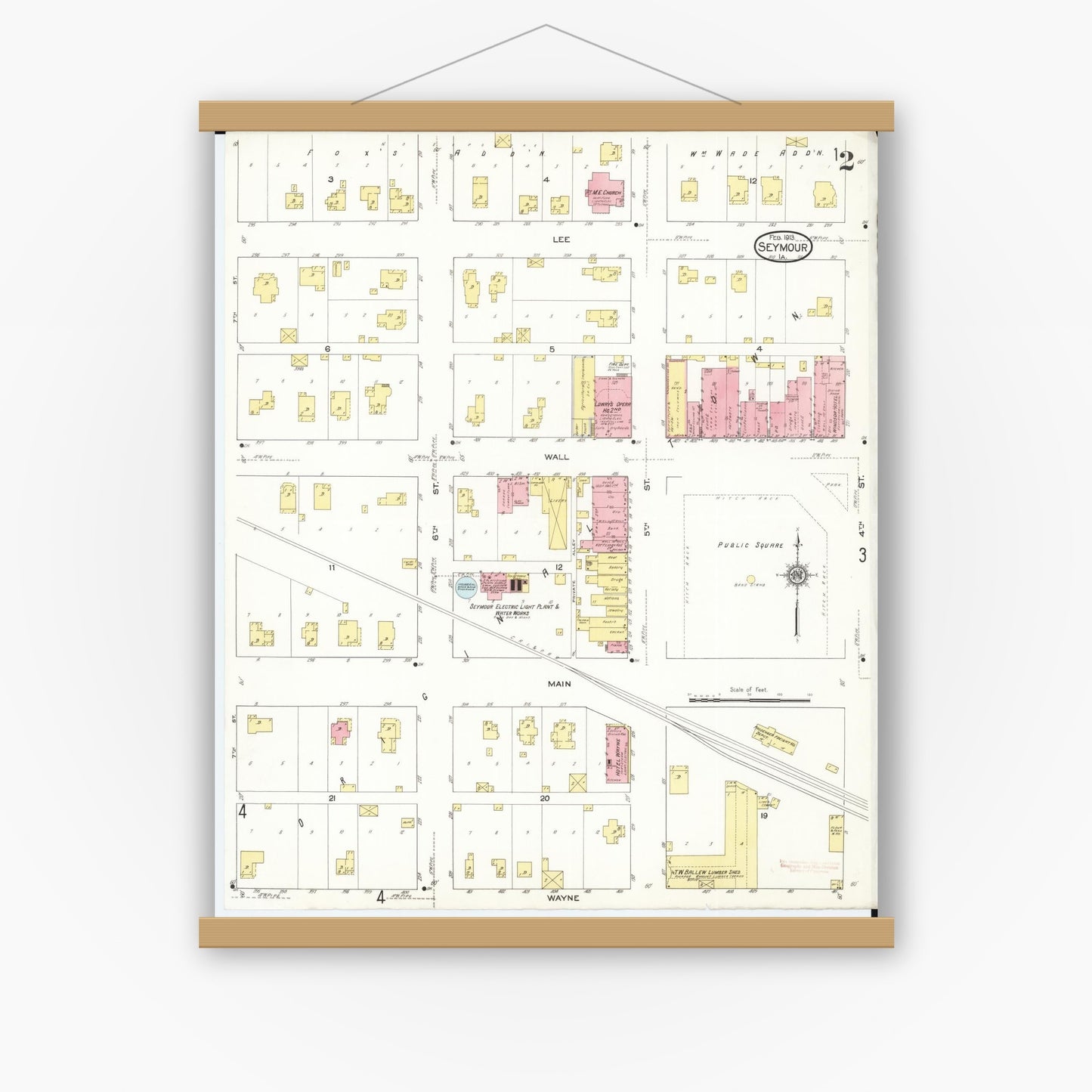 Old map wall art mockup — magnetic wood frame on white wall — Sanborn Fire Insurance Map from Seymour, Wayne County, Iowa (1913), Sheet #0002