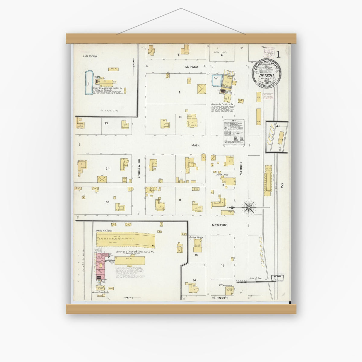 Old map wall art mockup — magnetic wood frame on white wall — Sanborn Fire Insurance Map from Detroit, Red River County, Texas (1905), Sheet #0001