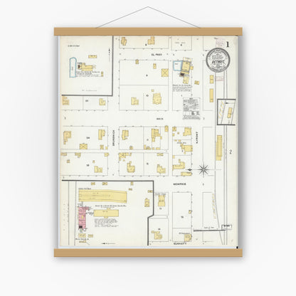 Old map wall art mockup — magnetic wood frame on white wall — Sanborn Fire Insurance Map from Detroit, Red River County, Texas (1905), Sheet #0001