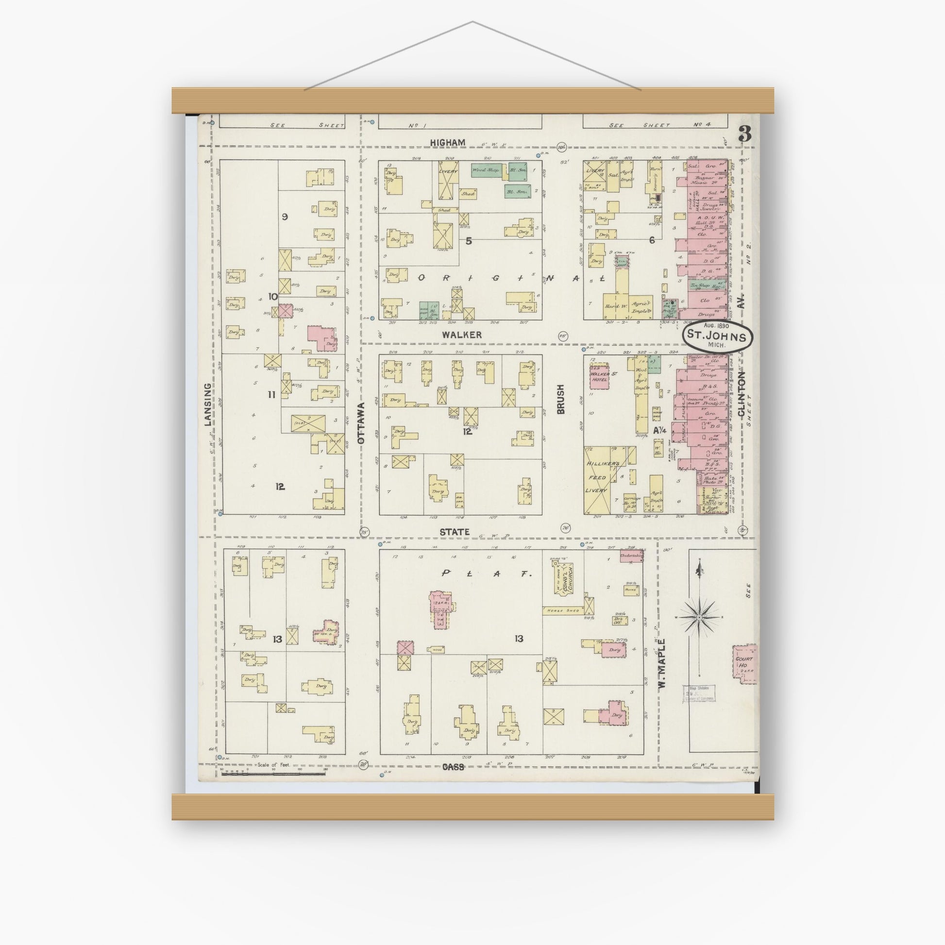 Old map wall art mockup — magnetic wood frame on white wall — Sanborn Fire Insurance Map from Saint Johns, Clinton County, Michigan (1890), Sheet #0003