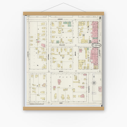 Old map wall art mockup — magnetic wood frame on white wall — Sanborn Fire Insurance Map from Saint Johns, Clinton County, Michigan (1890), Sheet #0003