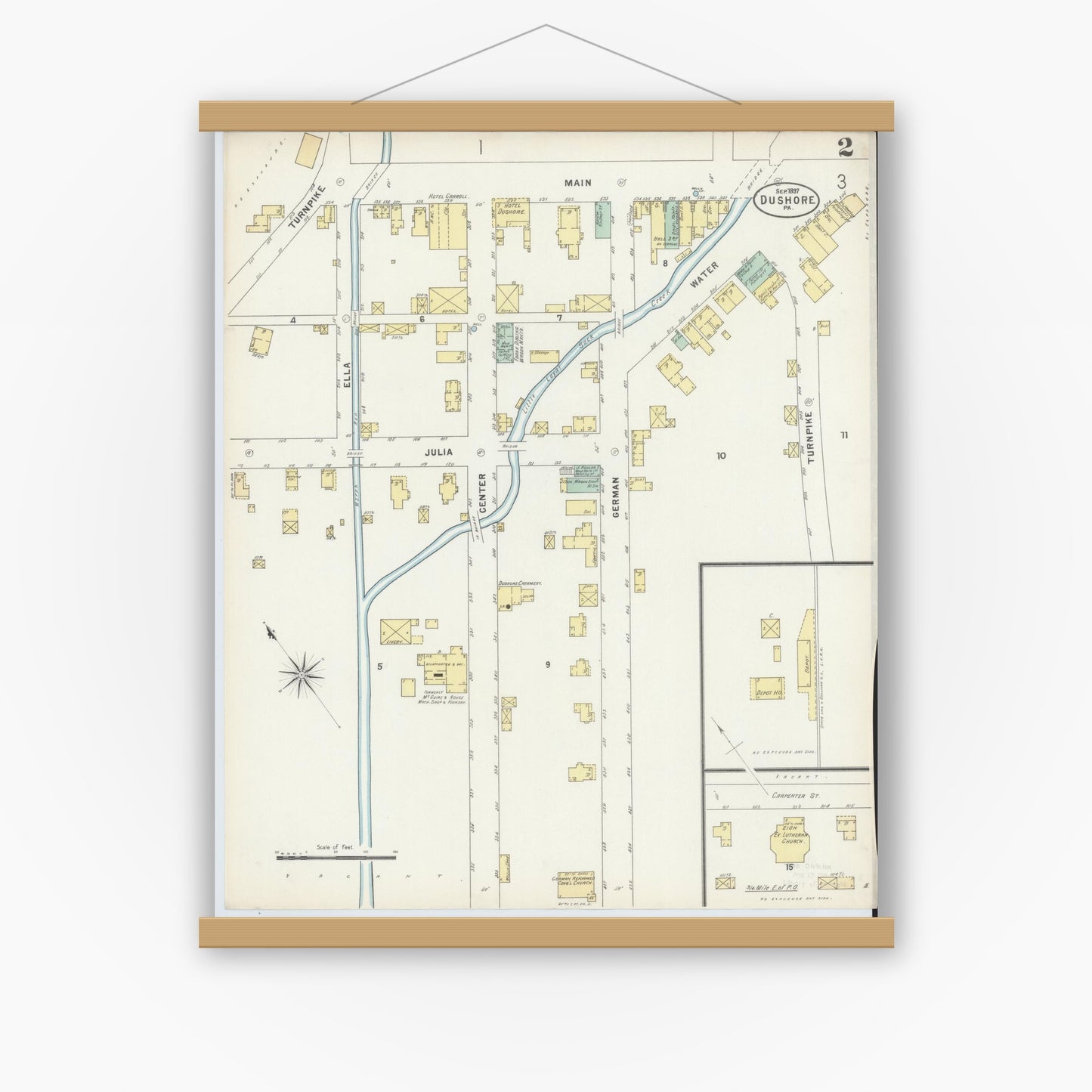 Old map wall art mockup — magnetic wood frame on white wall — Sanborn Fire Insurance Map from Dushore, Sullivan County, Pennsylvania (1897), Sheet #0002