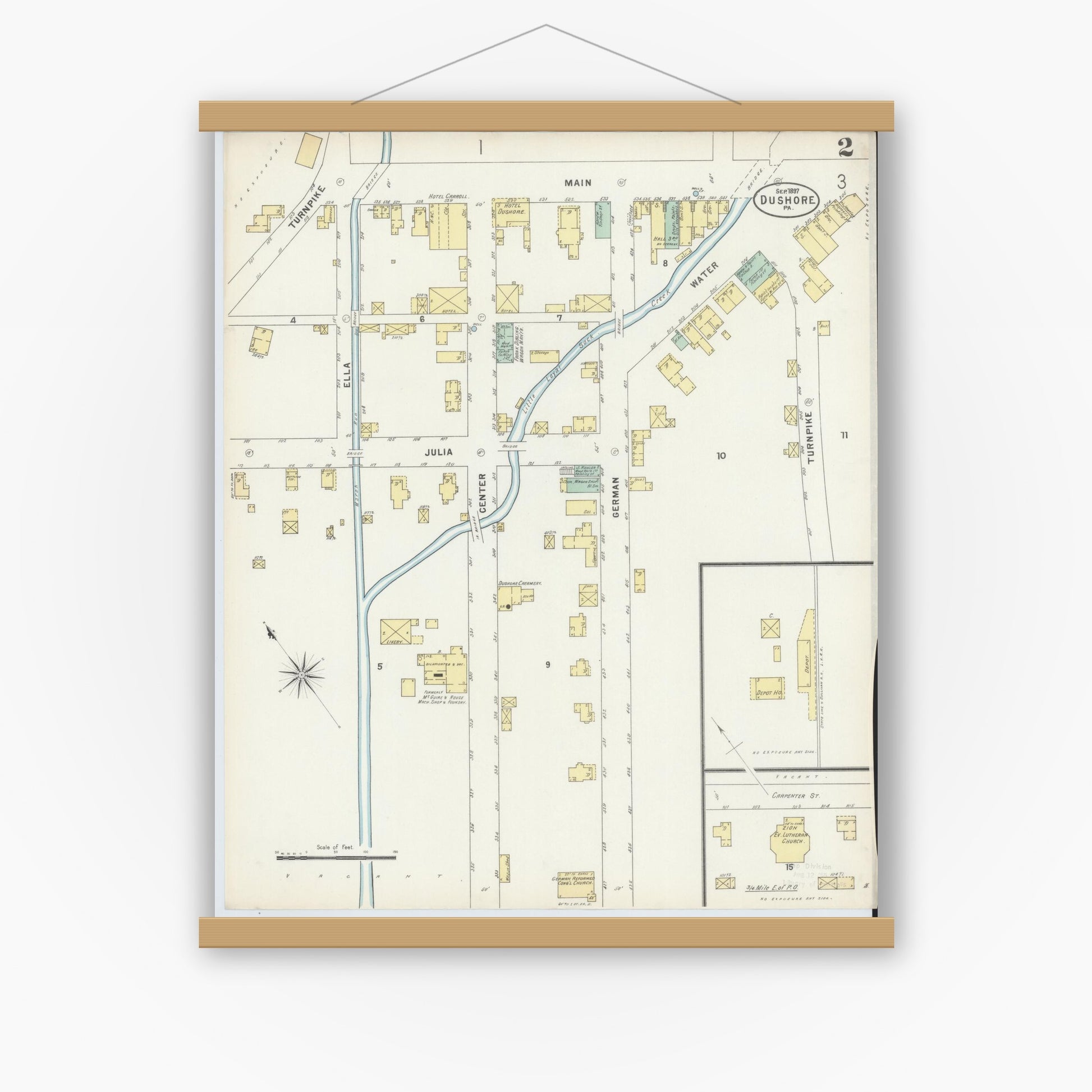 Old map wall art mockup — magnetic wood frame on white wall — Sanborn Fire Insurance Map from Dushore, Sullivan County, Pennsylvania (1897), Sheet #0002