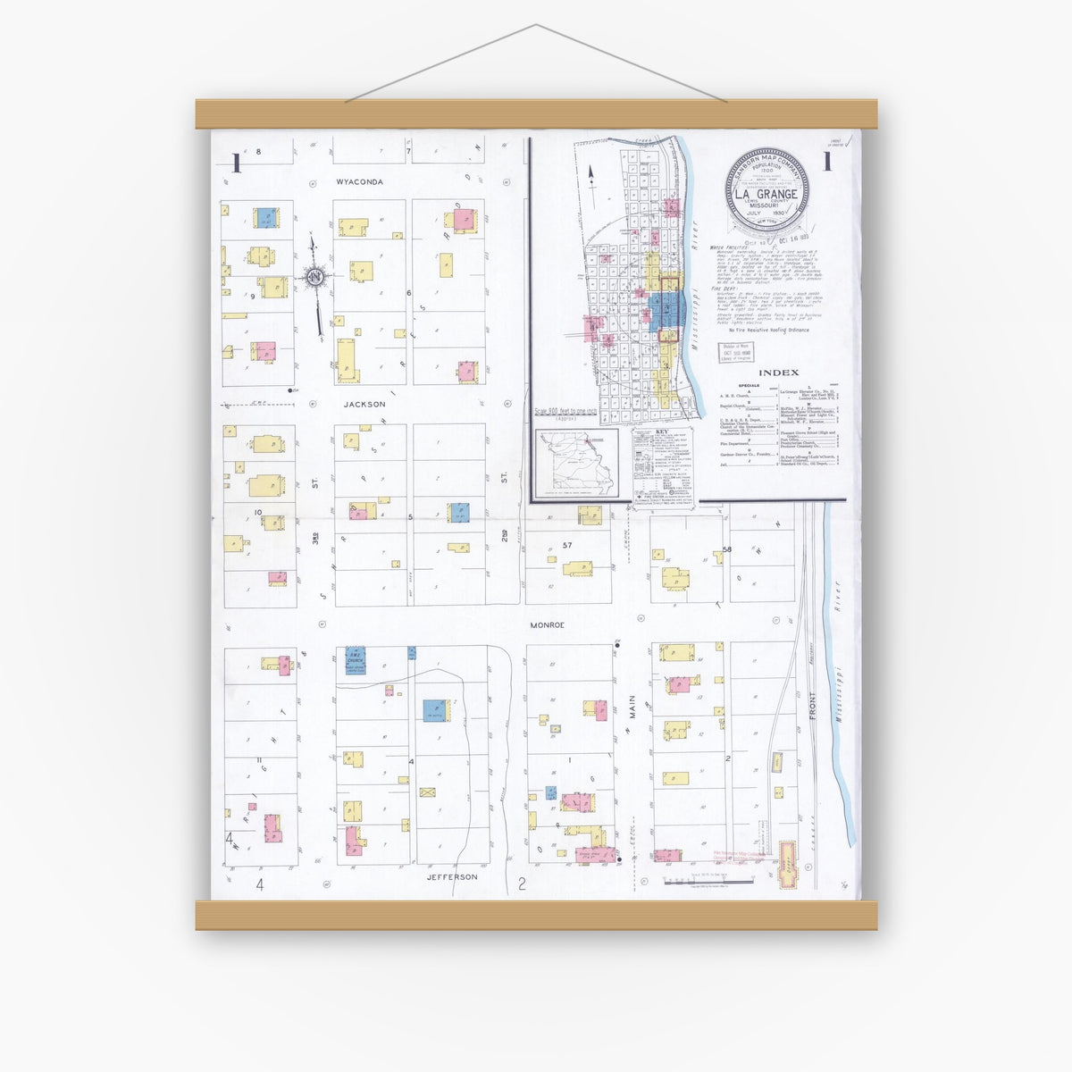 Old map wall art mockup — magnetic wood frame on white wall — Sanborn Fire Insurance Map from La Grange, Lewis County, Missouri (1930) - Complete Map Set